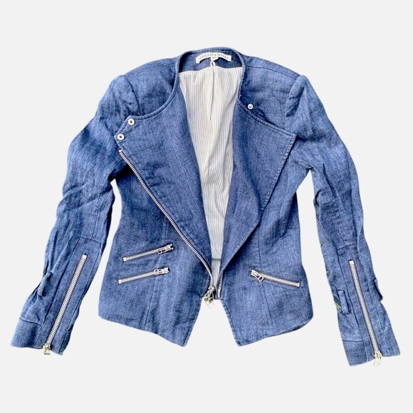 Veronica Beard Sienna Collarless Denim Moto Jacket 0 Linen Blend Jean Zip Up USA - Picture 5 of 15